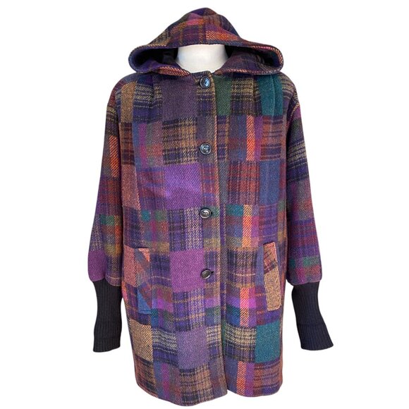 Vintage Bambi Fashions Patchwork Plaid Coat Hooded Hippie Cottagecore Jewel-L - Picture 1 of 16